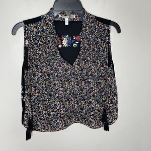 DEREK LAM 10 Crosby Top Womens 2 Sleeveless Silk Floral Blouse Tassels Sheer